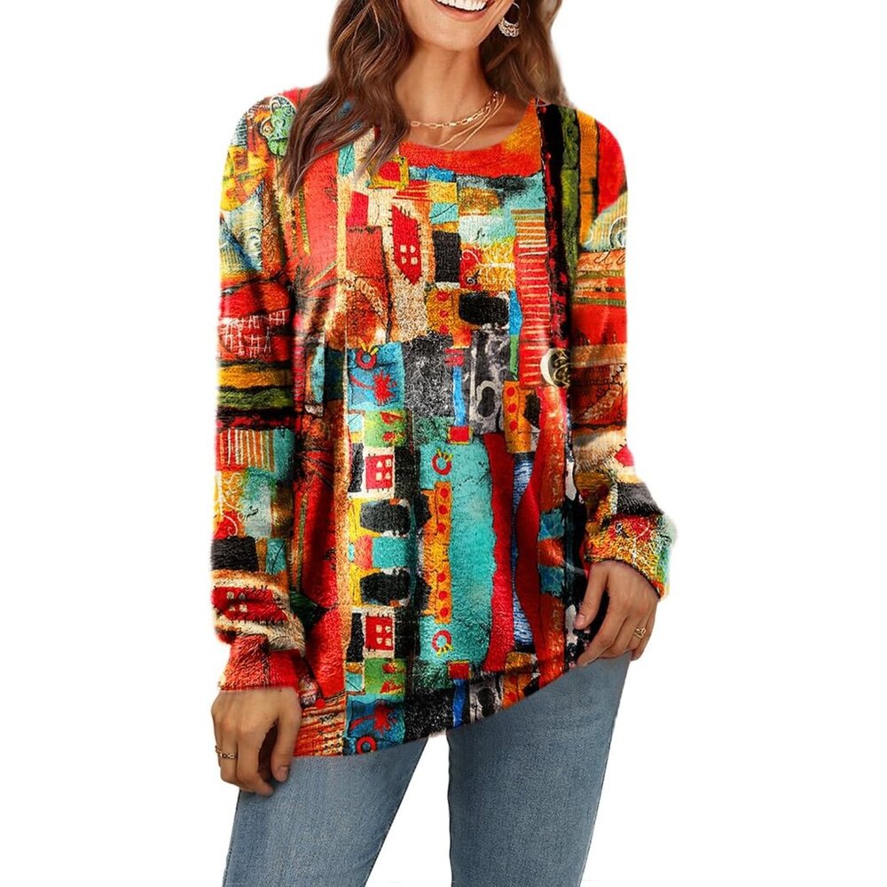 Women Christmas Sweater Graphic Print Oversized Pullover Floral 186 Loose Top